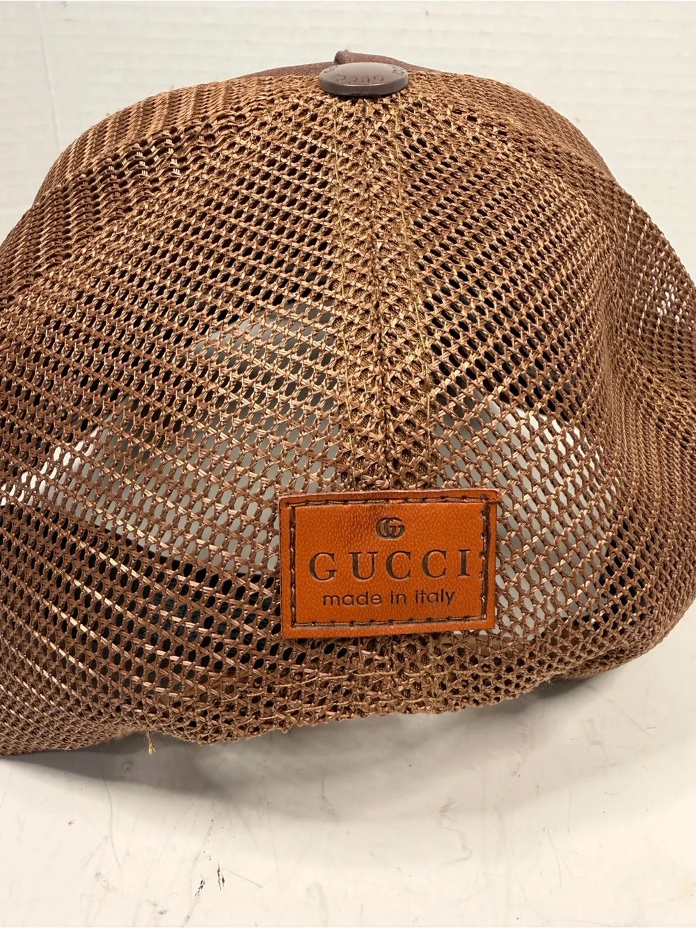 Gucci GG Logo Brown Trucker Cap with Leather Brim